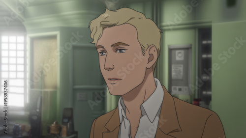 Blond man in brown jacket looking sideways in green office interior with window