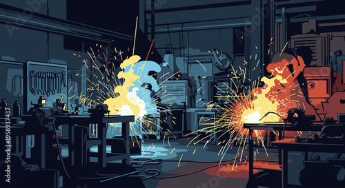 A worker in a welding mask welds with sparks flying in a dark industrial workshop with metal tables and tools.