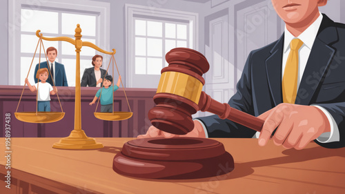 Judge with gavel and family in courtroom symbolizing justice and custody