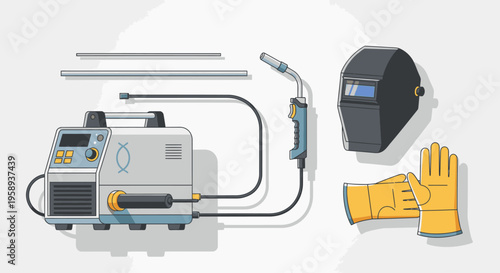 Flat lay of a welding machine with a connected hose, welding helmet, gloves, and metal rods on a clean white background.