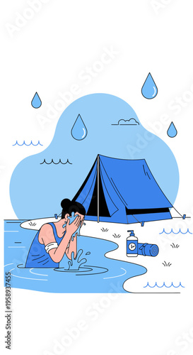 Drenched Camper Washing Face Amidst Gentle Summer Showers Outdoor Refreshment