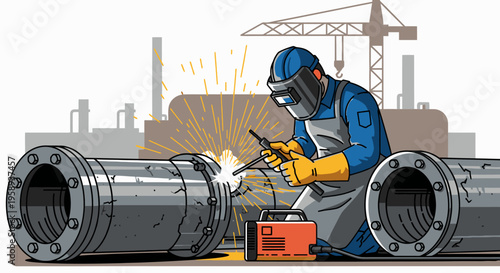 Illustration of a worker welding large metal pipes with a welding torch in a industrial setting with a factory crane in the background.