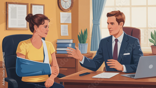 Businessman discussing insurance claim with injured woman wearing blue sling in office