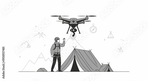 Drone Pilot Controls Aerial View Over Mountain Campsite Adventure