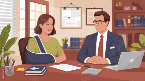 Businessman and injured woman in office discussing insurance claim or work accident