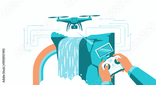 Drone Navigation Over Majestic Waterfall With Remote Control Operation