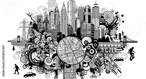 Detailed Monochromatic Urban Sprawl: Dynamic City Illustration with Skyline, Map, Architecture, People & Transport Elements