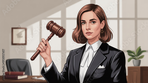 Female judge holding gavel in courtroom symbolizing justice and authority in a professional legal setting with office background