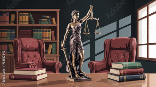 Themis statue with scales and sword on wooden desk in law office with books and red leather armchairs