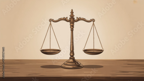 Vintage bronze scales on wooden table symbolizing justice and balance in a beige background