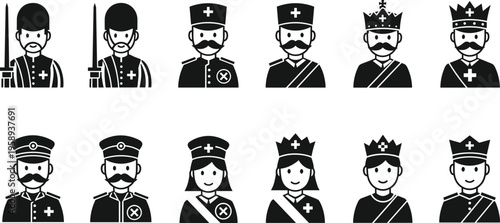 Historical royal and military character icon set featuring black silhouettes of kings, queens, soldiers, and nurses in vintage uniforms for traditional storytelling designs.