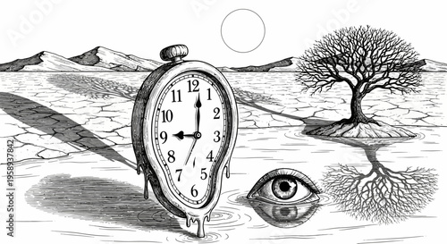 Surreal black and white hand-drawn illustration with a melting clock, lone tree, and mystic eye in a cracked desert landscape, conceptualizing time.