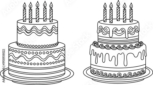 Birthday cake outline illustration set with layered celebration desserts and candles, festive party sweet collection isolated on background, decorative bakery vector design bundle