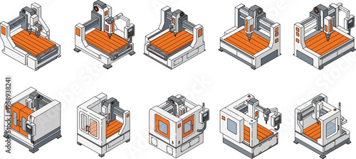 Isometric CNC machine vector set featuring industrial milling equipment, laser cutters, and automated manufacturing tools for precision engineering and factory workshop technical designs.
