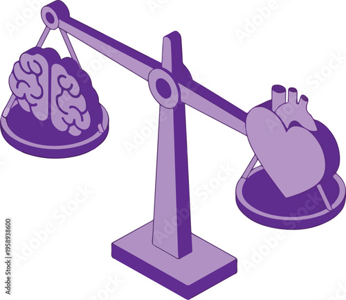 Isometric Purple AI Ethics Scale with Brain and Heart Balanced Vector