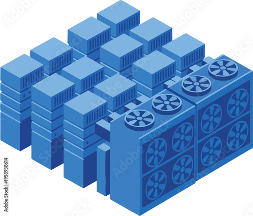 Large Scale Data Center Infrastructure with Cooling Fans, Isometric Vector Illustration of Cloud Computing Server Farm and Big Data Hosting