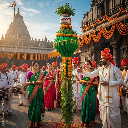 Ugadi celebration with traditional indian decorations and fruits on a wooden table outdoors