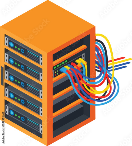 Network Server Rack with Colorful Ethernet Cables, Isometric Vector Illustration of Data Center Hardware and IT Infrastructure Connectivity