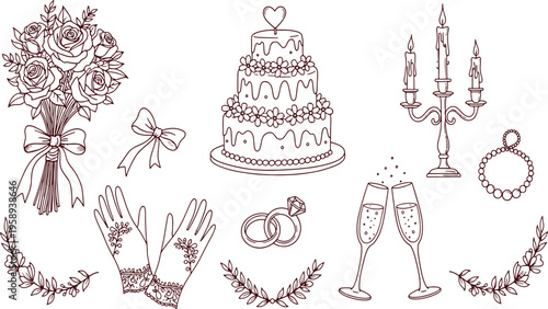 Wedding Day Elements and Marriage Celebration Symbols Elegant Romantic Bridal Party Decorations and Traditional Event Planning hand-drawn vector illustration doodle art