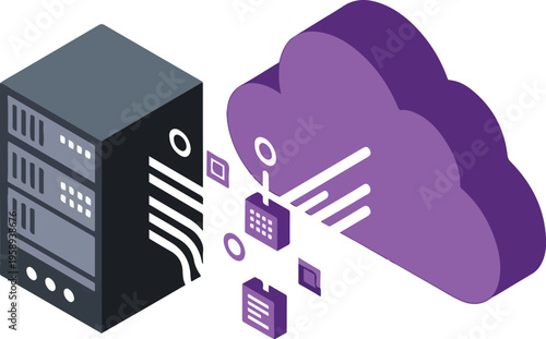 Cloud Data Migration and Hybrid Hosting Concept, Isometric Vector Illustration of Local Server Connecting to Purple Cloud Storage