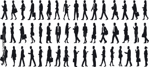 Business people walking silhouette collection featuring professionals with briefcases and mobile phones, corporate lifestyle character set isolated on light background for marketing and design