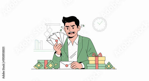 Businessman Counting Cash with Stacks and Charts.