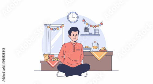 Calm man meditating in cozy room practicing mindfulness.