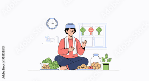 Calm gardener sitting cross legged meditating in garden.