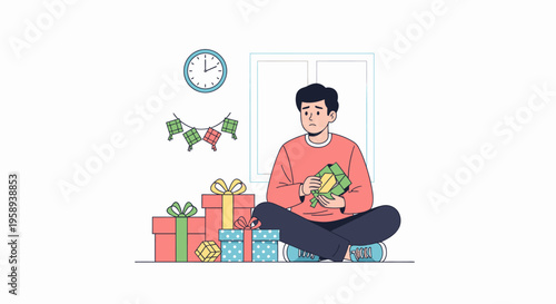 Caring man with pet cat and Christmas gifts.