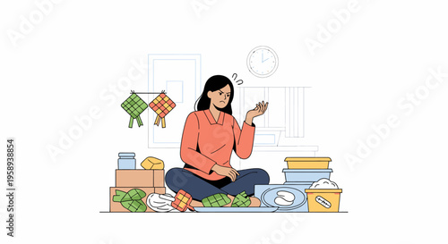 Calm Woman Sitting Amid Clutter Focusing.