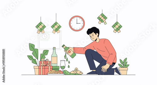 Cartoon Man Kneeling Collecting Bottles and Cash in Garden Scene.