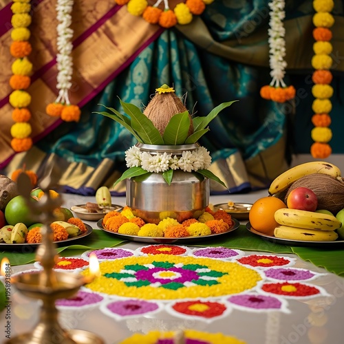 Ugadi celebration with traditional indian decorations and fruits on a wooden table outdoors