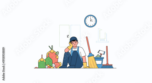 Cleaning worker with mop and bucket in interior scene.