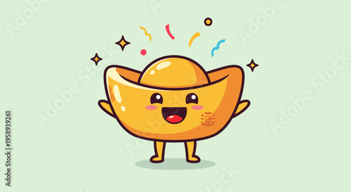 Happy golden ingot cartoon mascot character celebration.