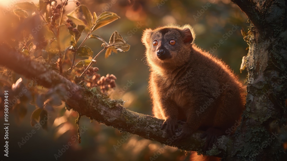 Fototapeta premium A Close-Up Portrait of a Brown Lemur Sitting on a Tree Branch Bathed in Golden Sunlight