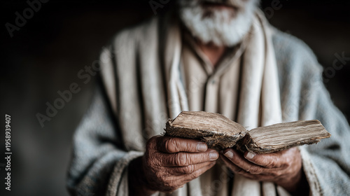 Old man holding and reading religious text in a book 