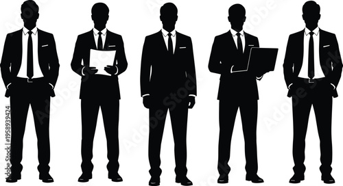 Corporate business team silhouettes in suits holding documents and devices representing professionalism, teamwork, leadership, and organizational success vector illustration