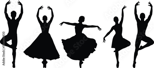 Elegant ballet dancer silhouettes in classical poses showcasing grace, balance, posture, and artistic expression for performing arts vector illustration content