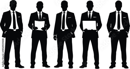 Professional business team silhouettes in formal attire holding documents representing corporate identity, teamwork, leadership, and organizational success vector illustration