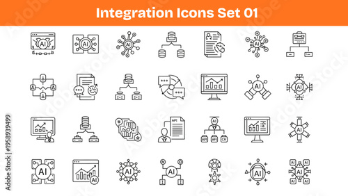 Integration Icons Set – API Connection, Cloud Sync, Data Exchange, Network Systems, Cross Platform Automation