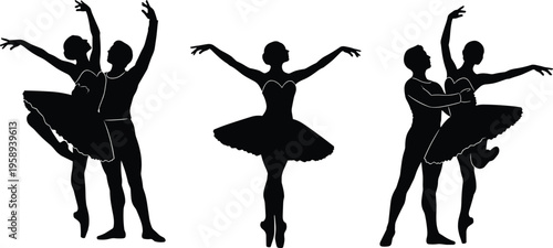 Silhouettes of ballet dancers performing elegant poses with tutus and graceful movements symbolizing art, performance, balance, strength, and beauty.