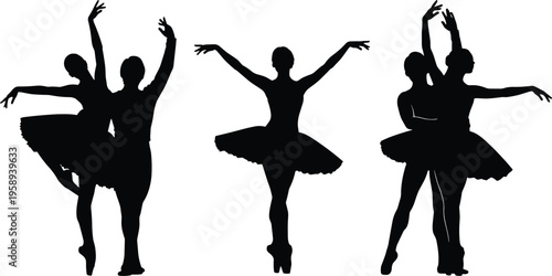 Silhouettes of ballet dancers performing graceful poses in pairs and solo positions symbolizing elegance, balance, artistry, discipline, and cultural performance.