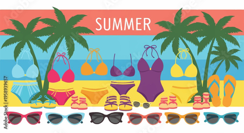 Summer beach accessories, colorful swimwear, sunglasses collection, vector icons