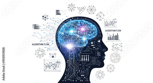 Digital brain network visualization within a futuristic human head silhouette, surrounded by abstract design elements and machine learning concept illustrations on a clean white background