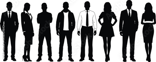 Silhouettes of diverse professionals in business and casual attire standing together symbolizing teamwork, inclusion, collaboration, leadership, and workplace diversity.
