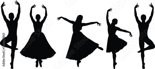 Silhouettes of five ballet dancers in graceful poses wearing tutus and skirts symbolizing elegance, artistry, discipline, balance, movement, and performance.