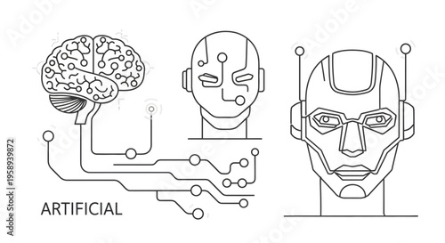 Illustration of a futuristic technology concept with abstract design, featuring a digital brain network visualization connected to robotic heads with circuit lines, conveying a machine