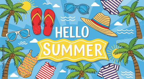 Summer vacation icons, hello summer banner, tropical palm tree graphics, beach holiday elements