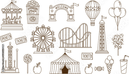 Vintage carnival fun fair theme park attractions including carousel ferris wheel and roller coaster hand drawn vector illustration doodle art