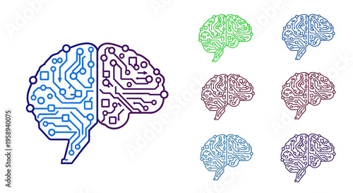 Digital brain network visualization with a futuristic technology vector art design, showcasing an concept illustration of a large blue circuit brain and smaller colorful brains on a white